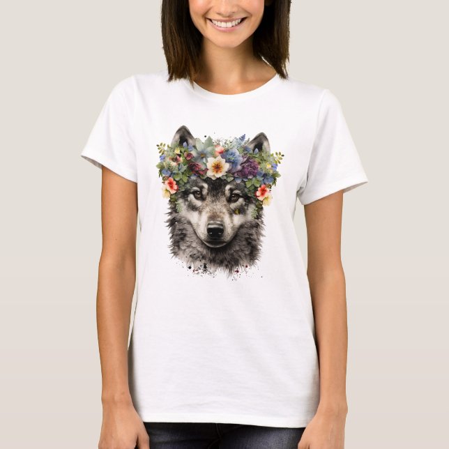Camiseta Lobo Floral de Watercolor (Frente)