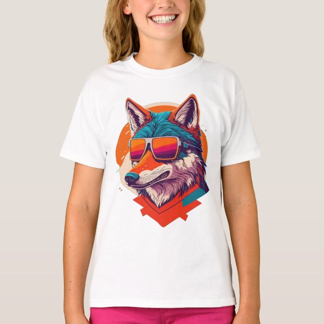 CAMISETA LOBO FOFO USANDO ÓCULOS DE SOL. (Frente)
