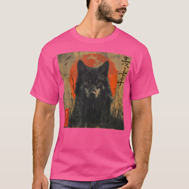 Camiseta Lobo Japonês E Lua Vermelha Com Arte Kanji Japones (Frente)