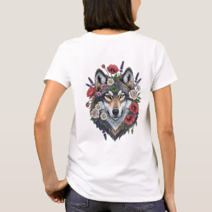 Camiseta Lobo Majestoso com Coroa Floral - Vida Selvagem e 