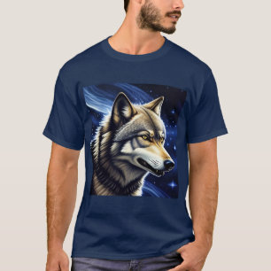 Camiseta Lobo Majestoso Sob Céu Estrelado