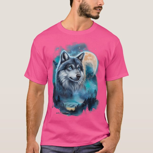 Camiseta Lobo Majestoso Sob Céu Florestal Moonlit (Frente)
