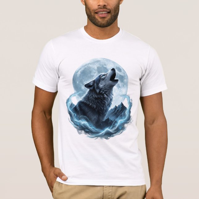 Camiseta Lobo Místico Uivando Sob a Lua Cheia – Espírito  (Frente)