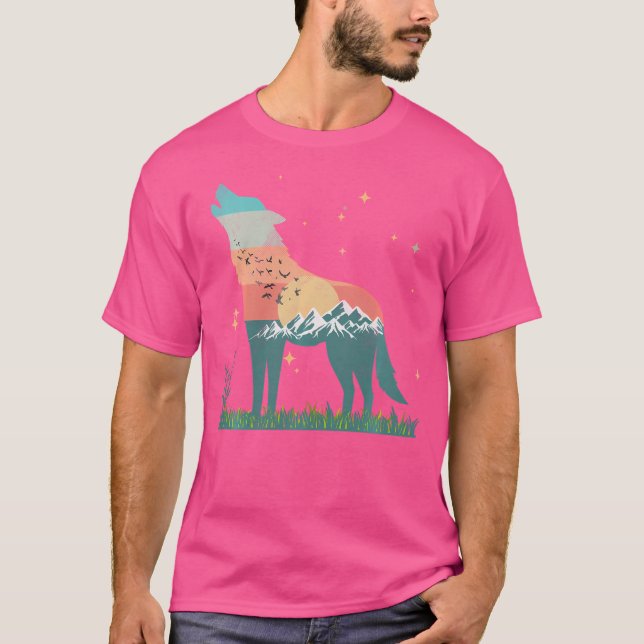 Camiseta Lobo Monta Pássaros Voando Por Sol Ou Lua-Lua (Frente)