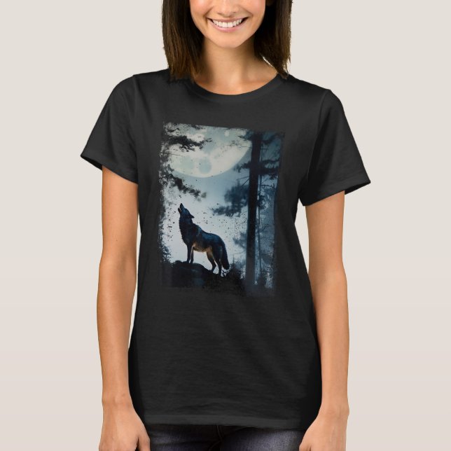 Camiseta Lobo na Floresta à Noite de Howling na Lua Cheia (Frente)
