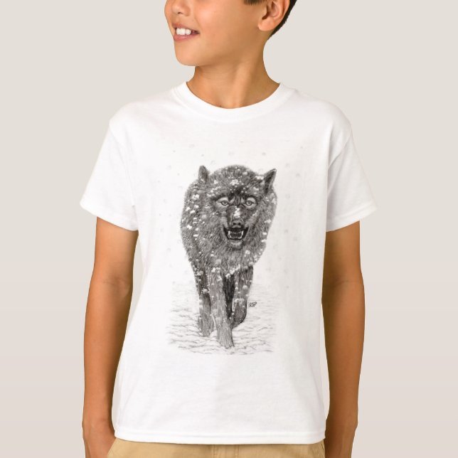 Camiseta Lobo Negro Zangado na Neve, inverno selvagem (Frente)