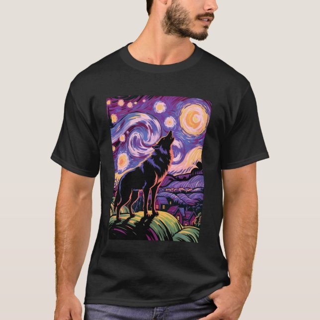 Camiseta Lobo Noite Estrelada Uivando Lua Presentes Diverti (Frente)