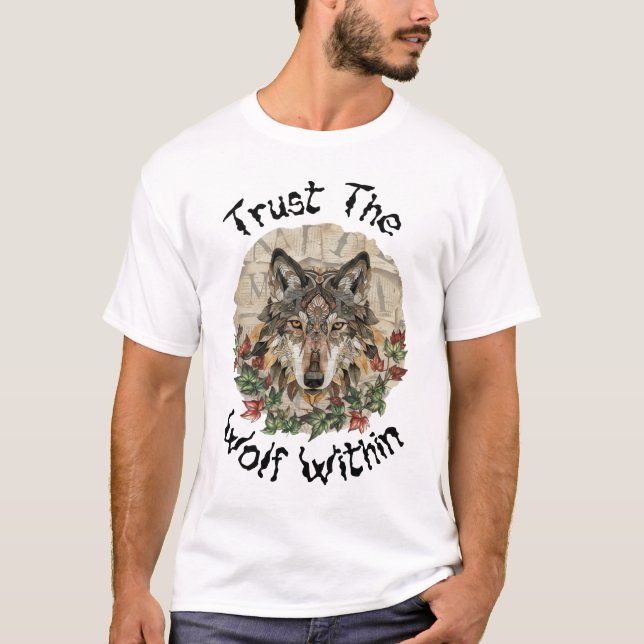 Camiseta Lobo Ornado Boho com Folhas (Frente)