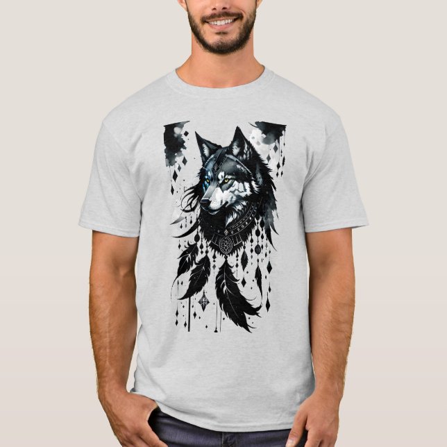 Camiseta lobo, predador, caçador de sonhos, amuleto, talism (Frente)