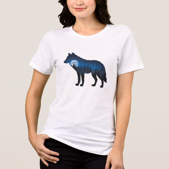 Camiseta Lobo Silhueta de Dupla Exposição ao Luar e Estrela (Frente)