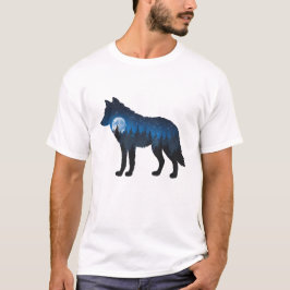 Camiseta Lobo Silhueta de Dupla Exposição ao Luar e Estrela