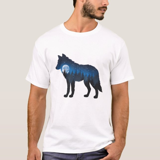 Camiseta Lobo Silhueta de Dupla Exposição ao Luar e Estrela (Frente)