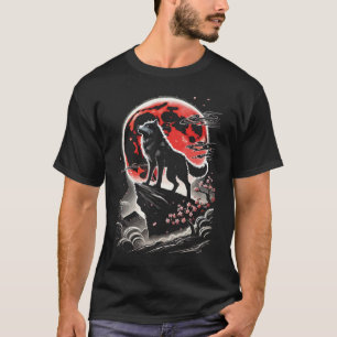Camiseta Lobo Solitário na Lua Vermelha - Arte de Tattoo de