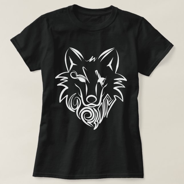 Camiseta Lobo Tribal Negro e Branco (Frente do Design)