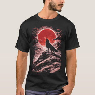 Camiseta Lobo Uivando à Luz da Lua Vermelha - Arte Japonesa