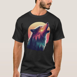 Camiseta Lobo uivando na floresta do pôr do sol da noite da