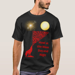 Camiseta lobo uivando no esboço da lua