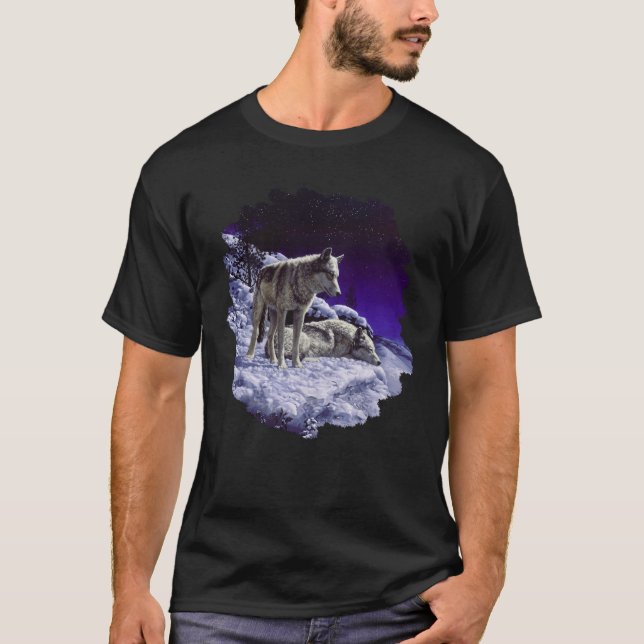 Camiseta Lobos cinzas na neve de inverno à noite (Frente)