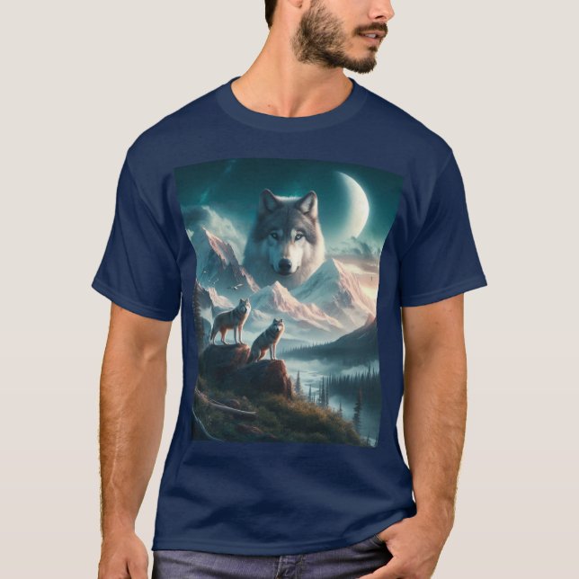 Camiseta Lobos Cinzentos ao Crepúsculo com Montanha  (Frente)
