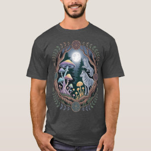 Camiseta Lobos Enfeitiçados ao Luar e Cogumelos Psicodélico