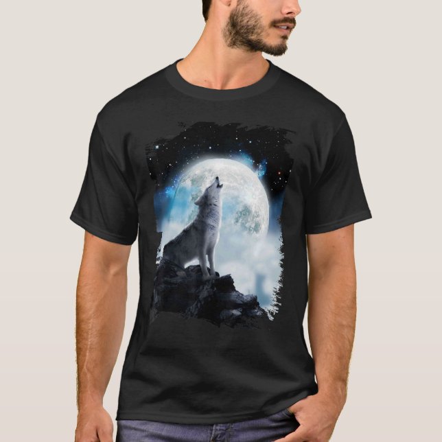 Camiseta Lobos-Lobos-Espaciais Cósmicos A Uivar Na Lua (Frente)
