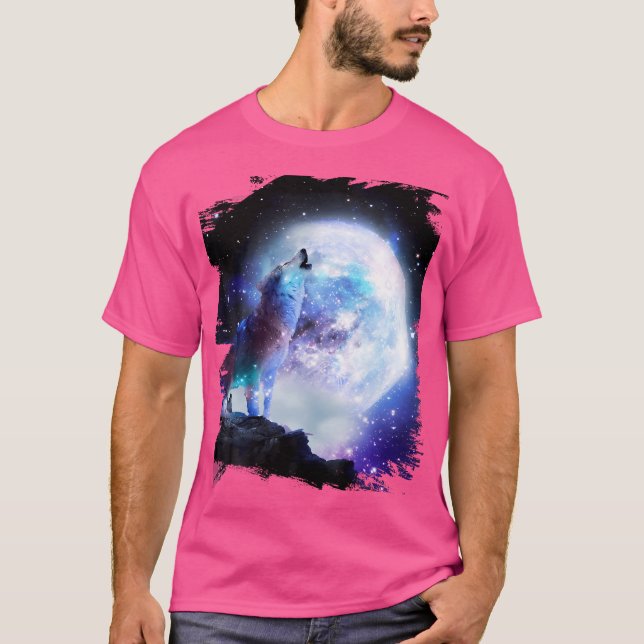 Camiseta Lobos-Lobos-Espaciais Cósmicos A Uivar Na Lua (Frente)