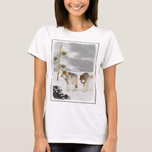 Camiseta Lobos na Pintura da Neve - Arte Original sobre a V