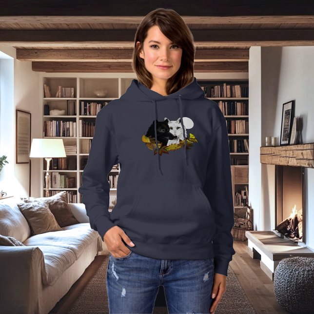 Camiseta Lobos Preto Branco Luar Folhas de Outono (Criador carregado)