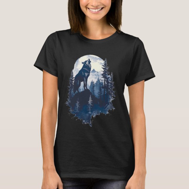 Camiseta Lobos uivando em frente à lua e lobo-da-floresta (Frente)