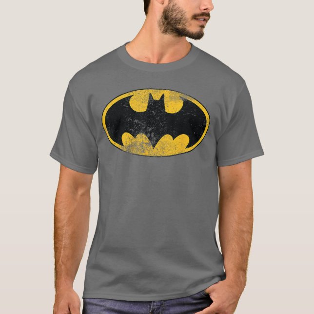 Camiseta Logotipo Clássico Danificado do Batman DC (Frente)