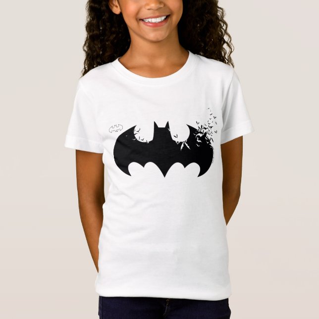 Camiseta Logotipo clássico do Batman se dissolvendo em morc (Frente)
