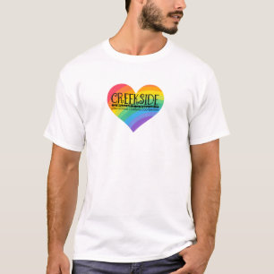 Camiseta logotipo da creekside em um coração de arco-íris