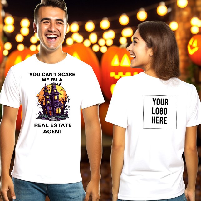 Camiseta Logotipo do Agente Imobiliário Halloween (Haunted House You can't scare me I'm a real estate agent t-shirt with logo on back)