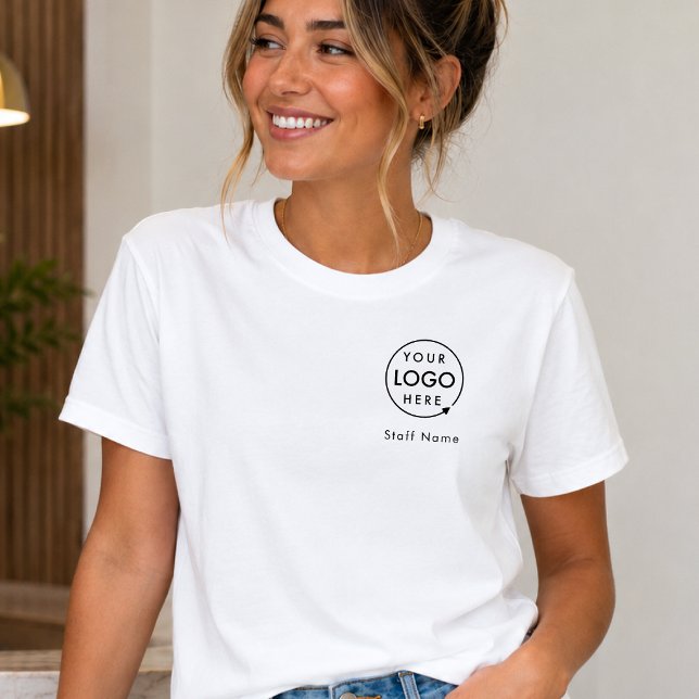 Camiseta Logotipo Empresarial Nome do Funcionário Equipe Em (Minimalist company branded t-shirts for your team apparel employee uniforms with staff name tag.)