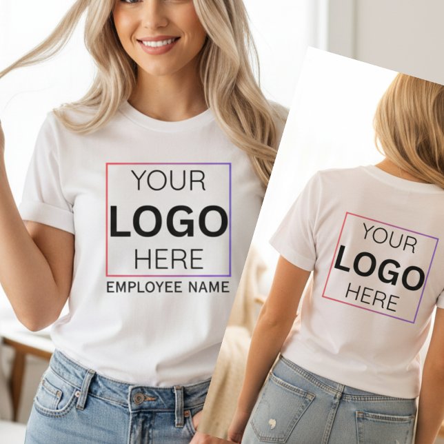 Camiseta Logotipo Personalizado com Nome do Funcionário | E (Custom Business Logo Name Back Print T-Shirt Staff Member Uniform)