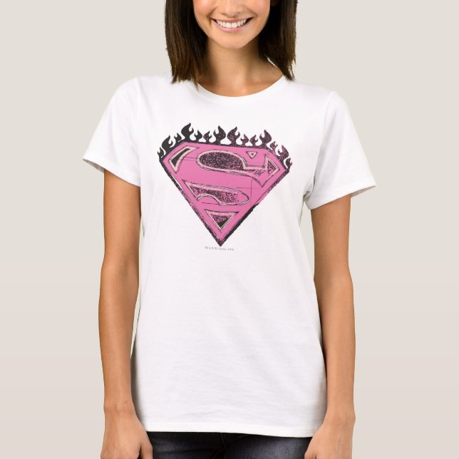 Camiseta Logotipo rosa super-menina com chamas (Frente)