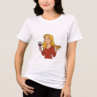 Camiseta Loira apreciando vinho e pizza
