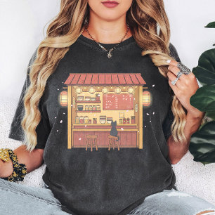 Camiseta Loja de Ramen de Gato Preto Charmosa com Arte de F