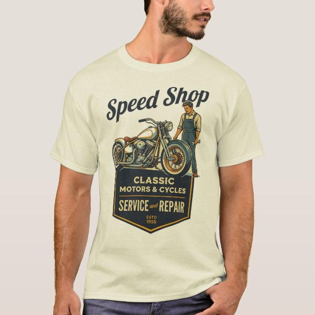 Camiseta Loja de Velocidade – Garagem Retro de Motores e Ci (Frente)