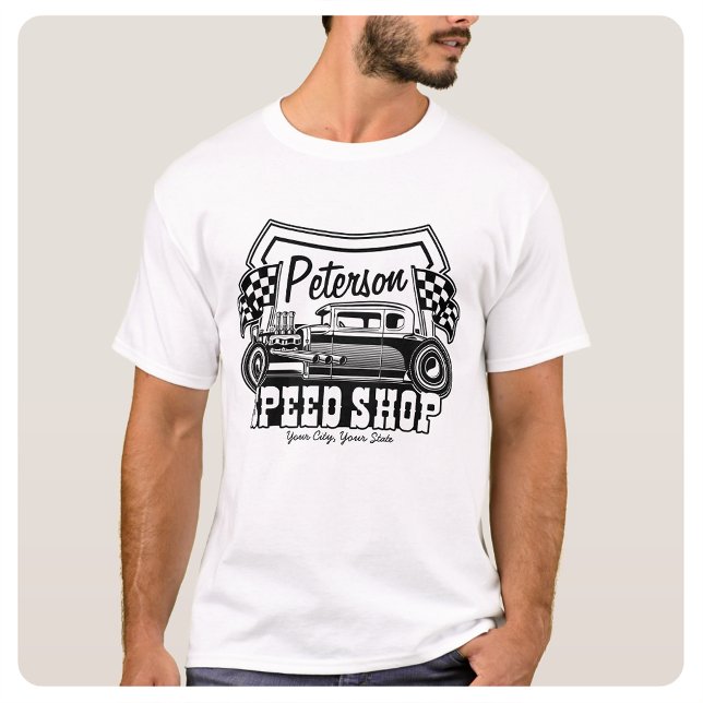 Camiseta Loja de Velocidade Hot Rod de Corrida Personalizad (Criador carregado)