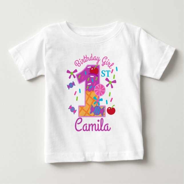 Camiseta Lolipe de Primeiro Aniversário da Candyland (Frente)