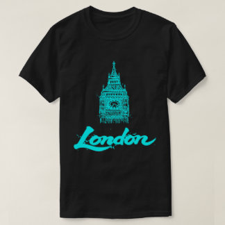 Camiseta Londres Neon Ciano Big Ben Esboço Moderno Preto