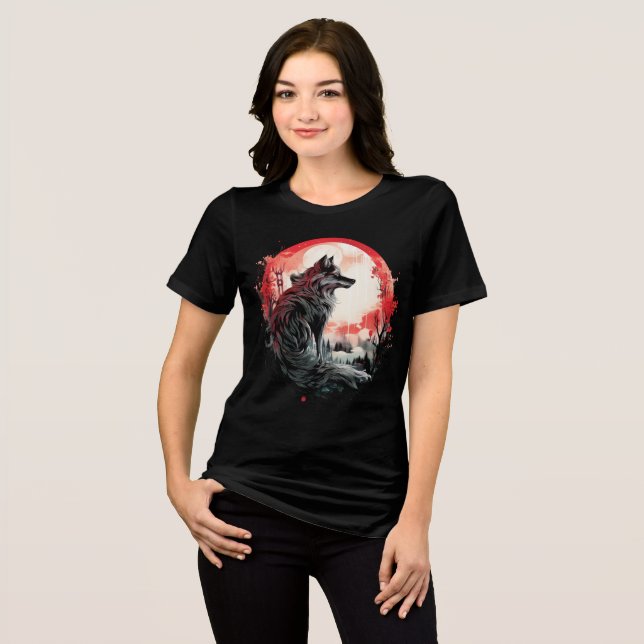 Camiseta Lone Wolf Under Moon – Red Forest Art (Frente Completa)
