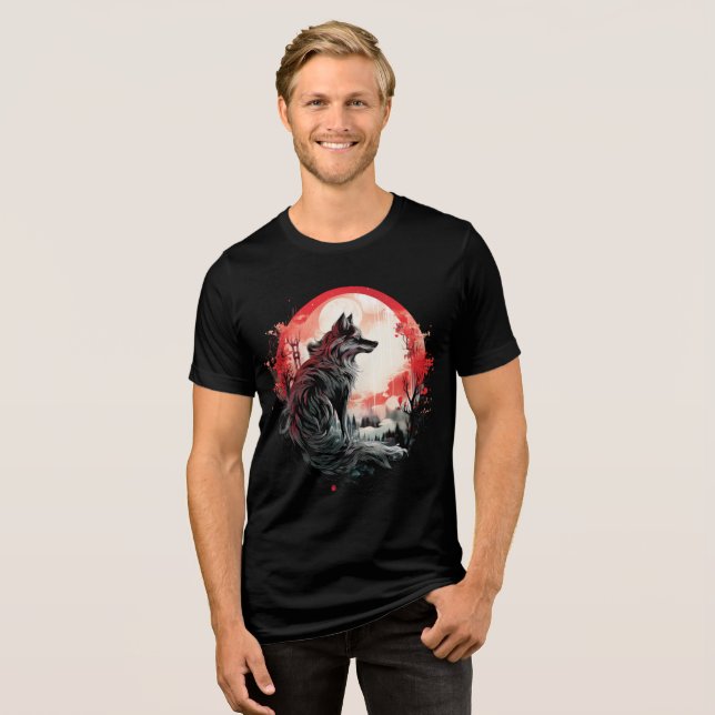 Camiseta Lone Wolf Under Moon – Red Forest Art (Frente Completa)