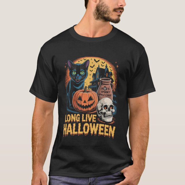 Camiseta Long Live Halloween Funny Pumpkin Halloween Black  (Frente)