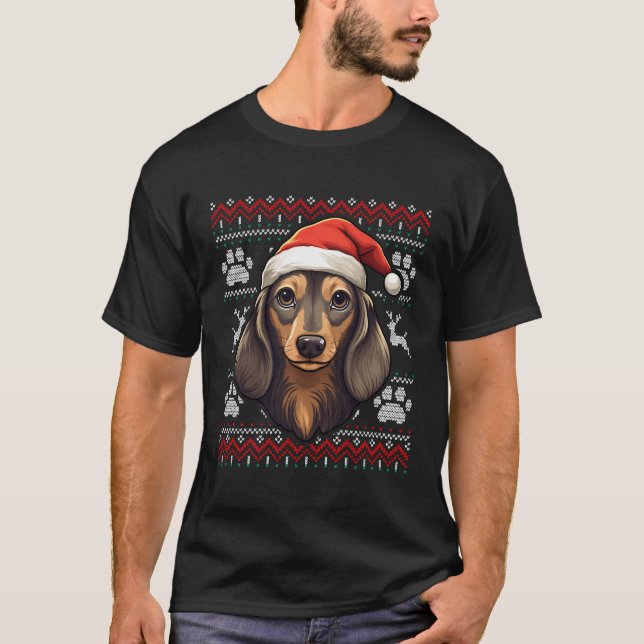 Camiseta Longa Cabeça Dachshund Santa Hábito Engraçado De N (Frente)
