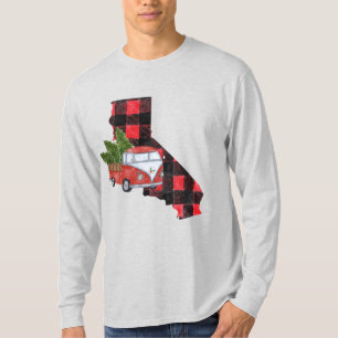 Camiseta Longa Folha de Natal de Caminhão Vermelho da Calif