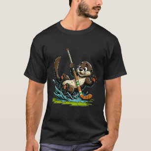 Camiseta Lontra Fofa Brincando de Hóquei no Gelo e Espalhan