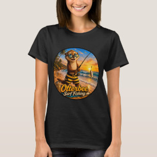Camiseta Lontra fofa chamada Otterbee, indo pescar na surf