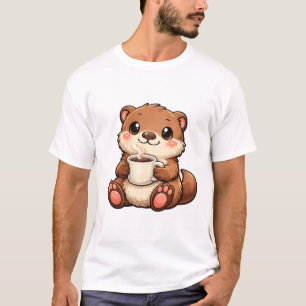 Camiseta Lontra Fofa com Café – Animal Kawaii Aconchegante